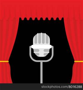 Stage with red curtain and retro microphone. Open theatre curtain. Device for presentations. Accessory lead.