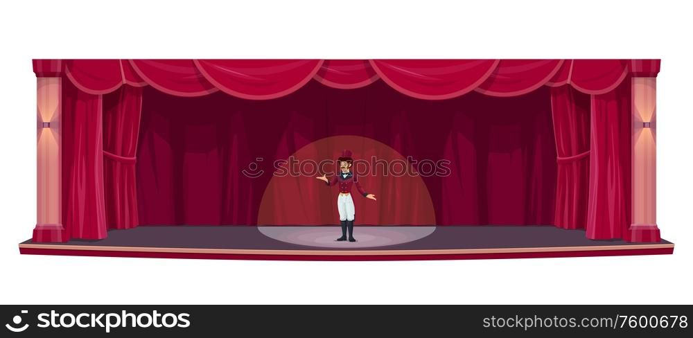 Stage with red curtains, actor show man in spotlight, vector background. Theater, opera and play stage scene with drapery curtains and projector light, premiere, cabaret show or presentation ceremony. Theater stage red drapery curtains, actor show