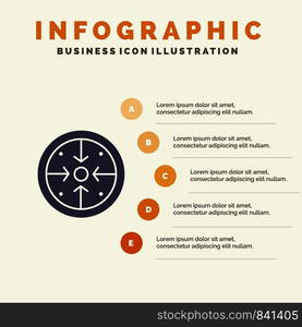 Stages, Goals, Implementation, Operation, Process Solid Icon Infographics 5 Steps Presentation Background