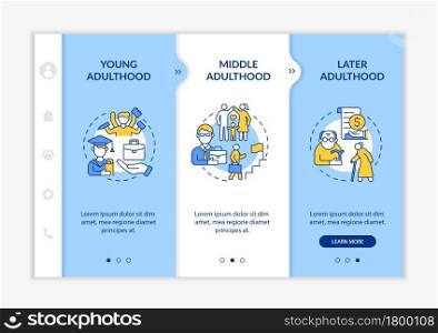 Stages of adulthood onboarding vector template. Responsive mobile website with icons. Web page walkthrough 3 step screens. Social realisation color concept with linear illustrations. Stages of adulthood onboarding vector template