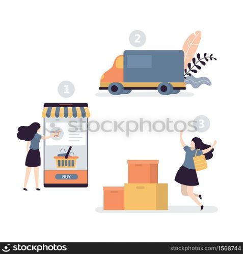 Stages of buying goods in online store. Female character order and buy products in mobile app. Truck delivers goods from online marketplace. Happy Woman client and big boxes. Vector illustration