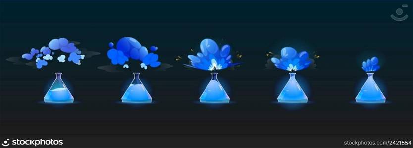 Stages of chemical reaction in lab flask, backwards animation sprite sheet. Scientific laboratory experiment with blue fluid explosion, reagent in beaker and smoke clouds, Cartoon vector illustration. Stages of chemical reaction in lab flask animation