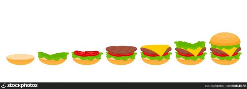 stages of cooking burger process . Making fast food vector illustration.