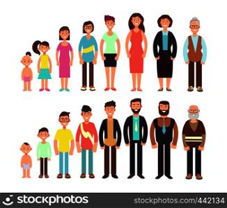 Stages of growth people. Children, teenager, adult, old man and woman vector characters set. Development and aging, growth generation illustration. Stages of growth people. Children, teenager, adult, old man and woman vector characters set