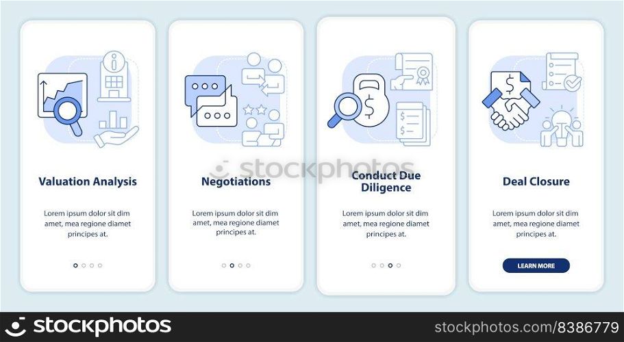 Stages of merger light blue onboarding mobile app screen. Business walkthrough 4 steps editable graphic instructions with linear concepts. UI, UX, GUI template. Myriad Pro-Bold, Regular fonts used. Stages of merger light blue onboarding mobile app screen