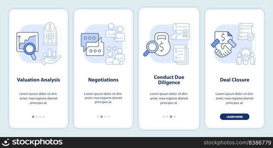 Stages of merger light blue onboarding mobile app screen. Business walkthrough 4 steps editable graphic instructions with linear concepts. UI, UX, GUI template. Myriad Pro-Bold, Regular fonts used. Stages of merger light blue onboarding mobile app screen