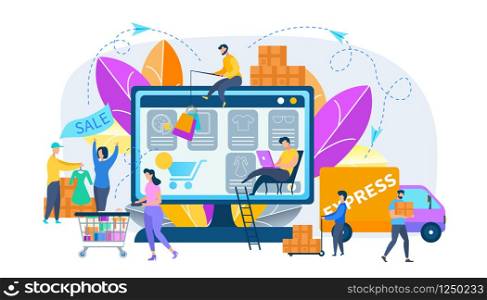 Stages of Online Shopping. Yopung People Hunting Sales, Choosing Goods, Ordering and Express Delivery Service of Purchases. Internet Commerce, Virtual Internet Store. Cartoon Flat Vector Illustration.. Stages of Online Shopping, Order, Express Delivery