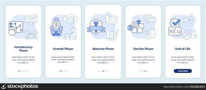Stages of product lifecycle light blue onboarding mobile app screen. Walkthrough 5 steps editable graphic instructions with linear concepts. UI, UX, GUI template. Myriad Pro-Bold, Regular fonts used. Stages of product lifecycle light blue onboarding mobile app screen