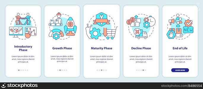 Stages of product lifecycle onboarding mobile app screen. Walkthrough 5 steps editable graphic instructions with linear concepts. UI, UX, GUI template. Myriad Pro-Bold, Regular fonts used. Stages of product lifecycle onboarding mobile app screen