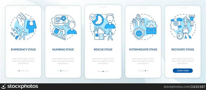 Stages of PTSD blue onboarding mobile app screen. Mental disorder walkthrough 5 steps graphic instructions pages with linear concepts. UI, UX, GUI template. Myriad Pro-Bold, Regular fonts used. Stages of PTSD blue onboarding mobile app screen
