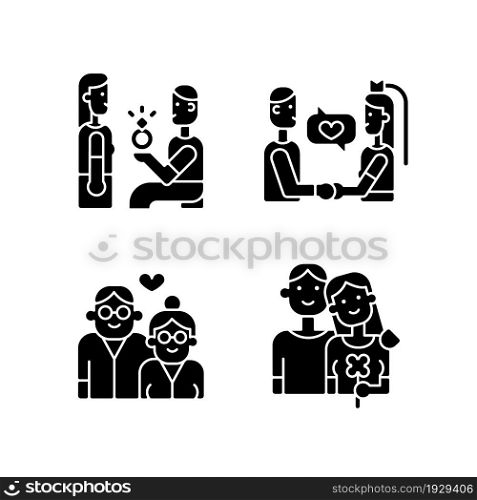 Stages of romantic relationship black glyph icons set on white space. Man proposing to woman. Marriage, wedding vows. Elderly couple in love. Silhouette symbols. Vector isolated illustration. Stages of romantic relationship black glyph icons set on white space