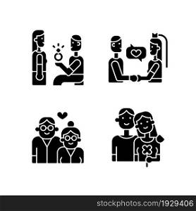 Stages of romantic relationship black glyph icons set on white space. Man proposing to woman. Marriage, wedding vows. Elderly couple in love. Silhouette symbols. Vector isolated illustration. Stages of romantic relationship black glyph icons set on white space