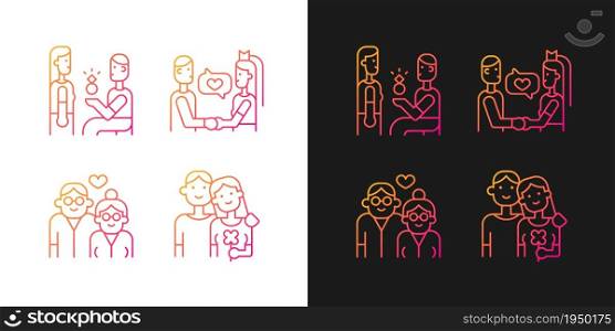 Stages of romantic relationship gradient icons set for dark and light mode. Old couple. Thin line contour symbols bundle. Isolated vector outline illustrations collection on black and white. Stages of romantic relationship gradient icons set for dark and light mode