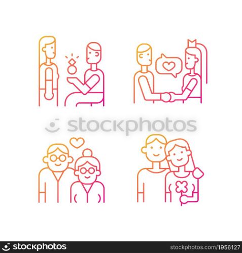 Stages of romantic relationship gradient linear vector icons set. Man proposing to woman. Wedding vows. Elderly in love. Thin line contour symbols bundle. Isolated outline illustrations collection. Stages of romantic relationship gradient linear vector icons set