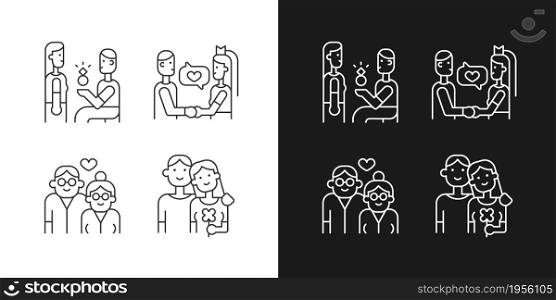 Stages of romantic relationship linear icons set for dark and light mode. Wedding vows. Elderly couple in love. Customizable thin line symbols. Isolated vector outline illustrations. Editable stroke. Stages of romantic relationship linear icons set for dark and light mode