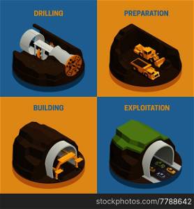 Stages of tunnel construction process isometric 2x2 icons set isolated on colorful backgrounds 3d vector illustration. Tunnel Construction 2x2 Set
