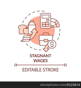Stagnant wages red concept icon. Income inequality. Rising prices. Low income. Cost of living. Economic crisis abstract idea thin line illustration. Isolated outline drawing. Editable stroke. Stagnant wages red concept icon