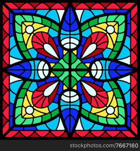 Stained-glass window with colored piece. Decorative mosaic ceramic tile pattern.. Stained-glass window with colored piece.