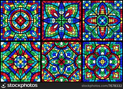 Stained-glass window with colored piece. Decorative mosaic ceramic tile pattern.. Stained-glass window with colored piece. Decorative mosaic tile pattern.