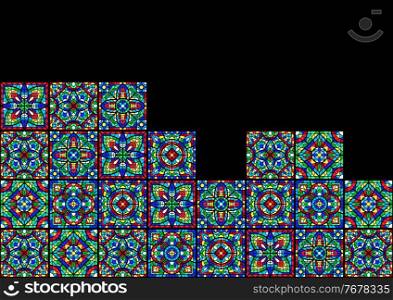 Stained-glass window with colored piece. Decorative mosaic ceramic tile pattern.. Stained-glass window with colored piece. Decorative mosaic tile pattern.
