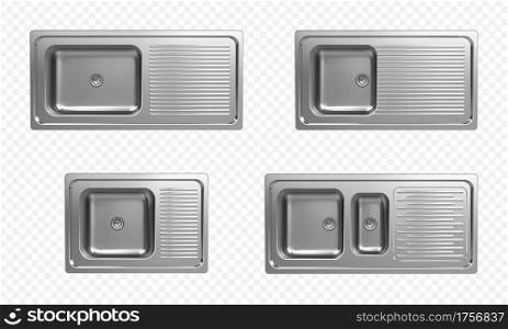 Stainless kitchen sinks top view. Vector realistic set of empty steel wash bowls with drain and utensil drainer for inset in kitchen tabletop. 3d double metal sinks isolated on transparent background. Realistic set of stainless kitchen sinks top view
