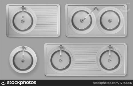 Stainless kitchen sinks with taps in top view. Vector realistic set of empty round steel wash bowls with faucets, drain and utensil drainer. 3d double metal sinks isolated on gray background. Stainless kitchen sinks with taps in top view