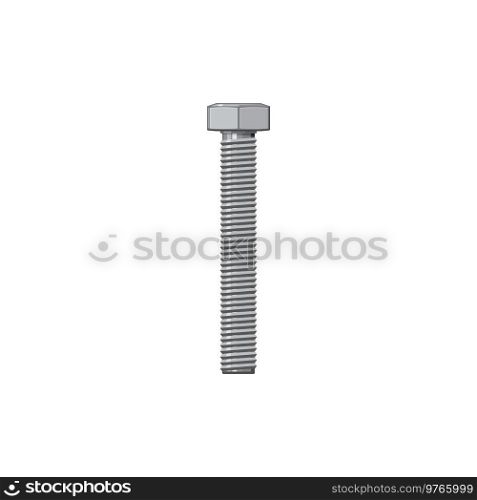 Stainless steel cap head bolt isolated fixing tool icon. Vector building and repair, construction detail, fixing tool. Grade stainless steel cap head bolt, fixing and fastening object, metal fastener. Big long metal bolt with head cap isolated icon