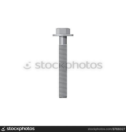 Stainless steel cap head bolt with washer isolated fixing tool realistic icon. Vector building and repair, construction detail, fixing tool. Grade stainless steel bolt, fixing and fastening object. Big long metal bolt with washer isolated icon