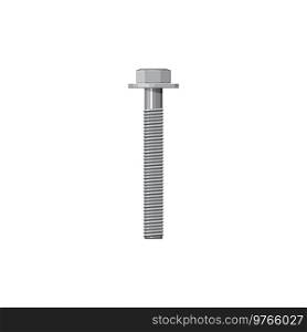 Stainless steel cap head bolt with washer isolated fixing tool realistic icon. Vector building and repair, construction detail, fixing tool. Grade stainless steel bolt, fixing and fastening object. Big long metal bolt with washer isolated icon