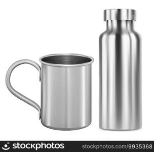 Stainless steel mug and metal flask, thermo bottle mockup. Aluminum c&ing cup with handle, reusable drink container, sport product can design. Silver vacuum tin, clean glossy illustration, identity. Stainless steel mug and metal flask, thermo bottle