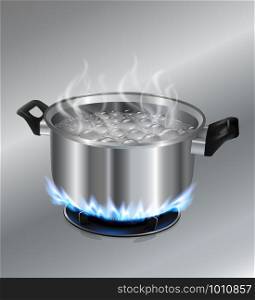 Stainless steel pot boiling water. On the gas stove. Vector realistic file.