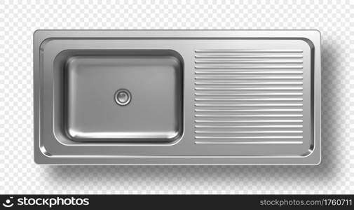 Stainless steel sink top view 3d mockup. Kitchen metal washbasin with right side place for clean dishes. Silver colored household stuff isolated on transparent background, Realistic vector mock up. Stainless steel sink top view 3d mockup, washbasin