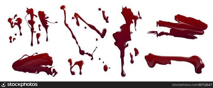 Stains and splatters of blood isolated on white background. Vector cartoon set of bloody splashes, scary sprays with drops. Spots and drips of red liquid paint or ink. Splatters of blood, red paint or ink splashes