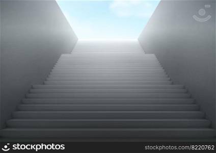 Staircase leads up to heaven. Vector realistic interior with empty stair with white steps and blue sky with clouds. Concept of hope, freedom, career growth, future opportunity and success. White staircase leads up to blue sky