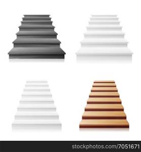 Staircase Vector Set. White, Wooden Dark. 3D Realistic Illustration. Front View Of Clean White Empty Staircase Vector. Business Success Progress Concept. Isolated. Staircase Vector Set. White, Wooden Dark. 3D Realistic Illustration. Front View Of Clean White Empty Staircase Vector. Business Success Progress Concept