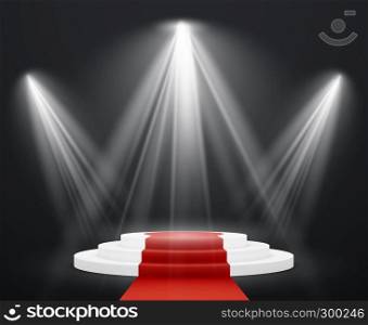 Stairs 3d with red carpet. Spotlight scene staircase podium for celebrity pedestal award stairway up to success isolated vector image. Stairs 3d with red carpet. Spotlight scene staircase podium for celebrity pedestal award stairway up to success
