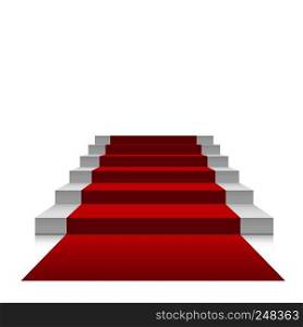 Stairs 3d with red carpet. Vector scarlet floor staircase for celebrity or way up to success isolated on white background. Stairs 3d with red carpet. Vector scarlet staircase for celebrity or stairway up to success isolated on white background