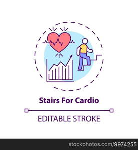 Stairs for cardio concept icon. Gym exercise alternative idea thin line illustration. Stair climbing. Maximizing cardio efforts. Vector isolated outline RGB color drawing. Editable stroke. Stairs for cardio concept icon