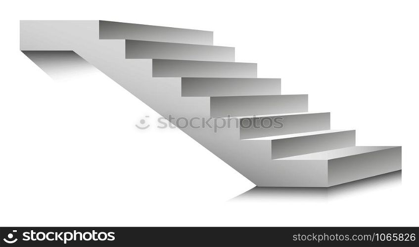 Stairs or staircases and podium ladder. Vector 3D isolated white stairs set. Different angles for interior design or building stairway element template icons. Stairs or staircases and podium ladder.