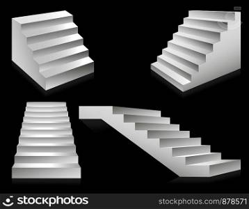 Stairs or staircases and podium ladders. Vector 3D isolated white stairs set isolated in different angles for interior design or building stairway element template icons. Stairs or staircases and podium ladders.