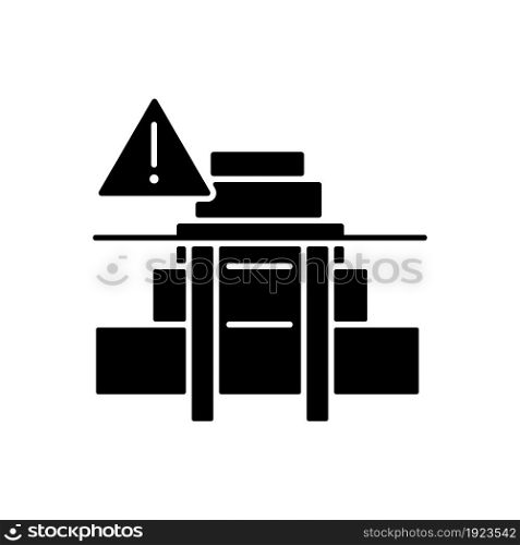 Stairway safety gates black glyph icon. Child safety. Falling and injuries prevention. Install fence and railing for kids security. Silhouette symbol on white space. Vector isolated illustration. Stairway safety gates black glyph icon