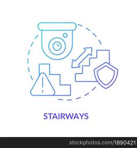 Stairways blue gradient concept icon. Smart house security abstract idea thin line illustration. Place camera above staircase to basement. Home protection. Vector isolated outline color drawing.. Stairways blue gradient concept icon