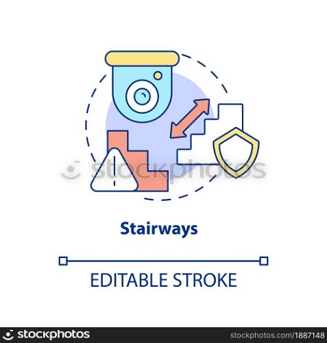 Stairways concept icon. Smart house security abstract idea thin line illustration. Place camera above staircase to basement. Home protection. Vector isolated outline color drawing. Editable stroke. Stairways concept icon