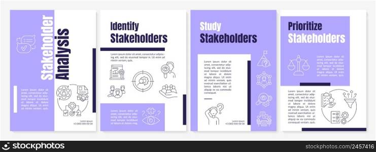 Stakeholder analysis purple brochure template. Stakeholders mapping. Leaflet design with linear icons. 4 vector layouts for presentation, annual reports. Anton, Lato-Regular fonts used. Stakeholder analysis purple brochure template