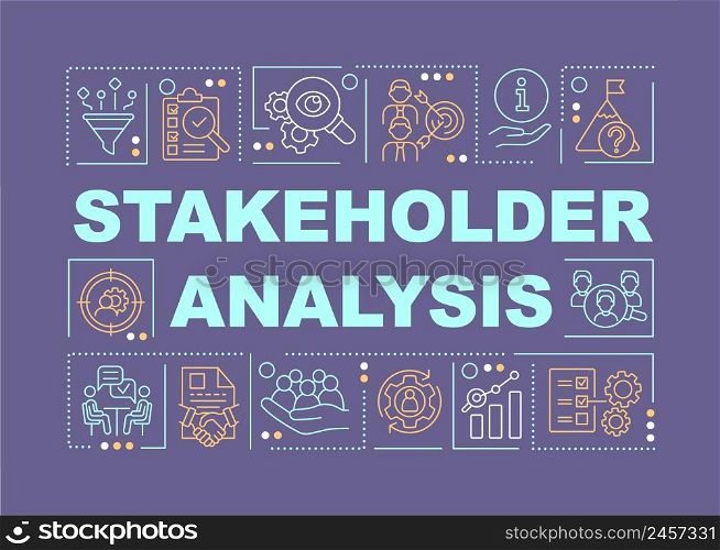 Stakeholder analysis word concepts purple banner. Potential partners. Infographics with icons on color background. Isolated typography. Vector illustration with text. Arial-Black font used. Stakeholder analysis word concepts purple banner