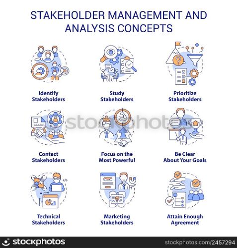 Stakeholder management and analysis concept icons set. Identify interests idea thin line color illustrations. Isolated symbols. Editable stroke. Roboto-Medium, Myriad Pro-Bold fonts used. Stakeholder management and analysis concept icons set