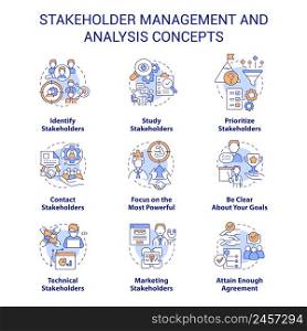 Stakeholder management and analysis concept icons set. Identify interests idea thin line color illustrations. Isolated symbols. Editable stroke. Roboto-Medium, Myriad Pro-Bold fonts used. Stakeholder management and analysis concept icons set