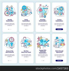 Stakeholder management and analysis onboarding mobile app screen set. Walkthrough 4 steps graphic instructions pages with linear concepts. UI, UX, GUI template. Myriad Pro-Bold, Regular fonts used. Stakeholder management and analysis onboarding mobile app screen set