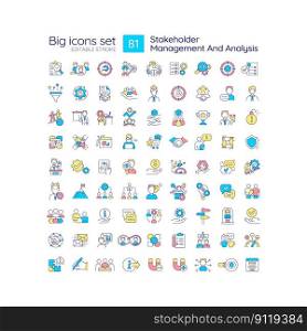 Stakeholder management and analysis RGB color icons set. Business strategy and planning. Assessment isolated vector illustrations. Simple filled line drawings collection. Editable stroke. Stakeholder management and analysis RGB color icons set