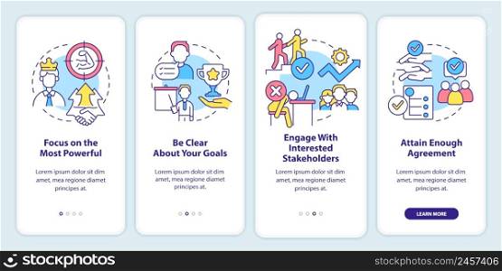 Stakeholders engagement onboarding mobile app screen. Walkthrough 4 steps graphic instructions pages with linear concepts. UI, UX, GUI template. Myriad Pro-Bold, Regular fonts used. Stakeholders engagement onboarding mobile app screen